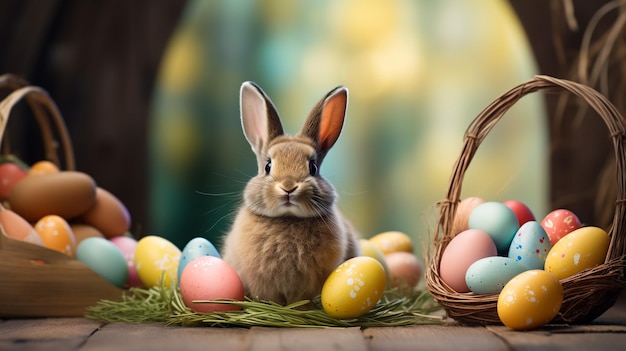 очаровательный пасхальный кролик сидит между красочными яйцами