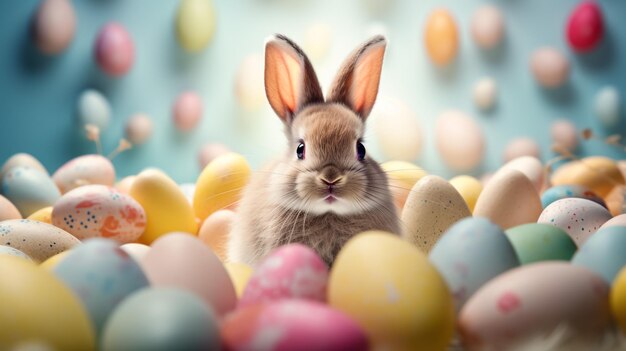 adorable easter bunny rabbit sitting in between colorful eggs