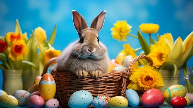 очаровательный пасхальный кролик сидит в красочных яйцах