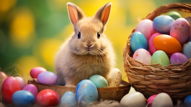 adorable easter bunny rabbit sitting in the garden in colorful eggs