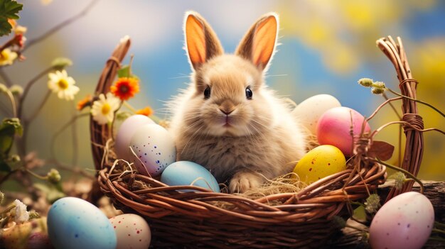 色とりどりの卵で庭に座っている可愛いイースターウサギ