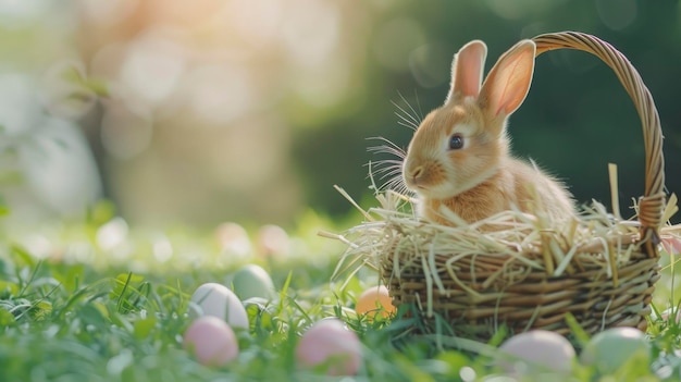 Adorable Easter Bunny A Small and Beautiful Baby Rabbit Rests in a Basket on a Lush Green Lawn Surrounded by Colorful Easter Eggs