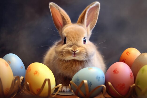 Прекрасный пасхальный кролик с красочными яйцами и местом для копирования для персонализированных приветствий