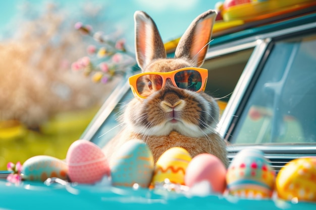 Прекрасный пасхальный кролик с очками, глядящий из роскошного автомобиля.