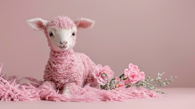 Adorable Easter Lamb with Blooms Perfect Copy Space