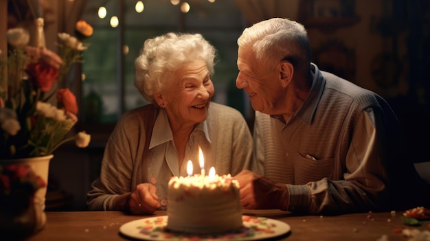 Adorable elderly husband and wife celebrate their birthday happily