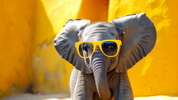 Photo adorable elephant wearing sunglasses on yellow background