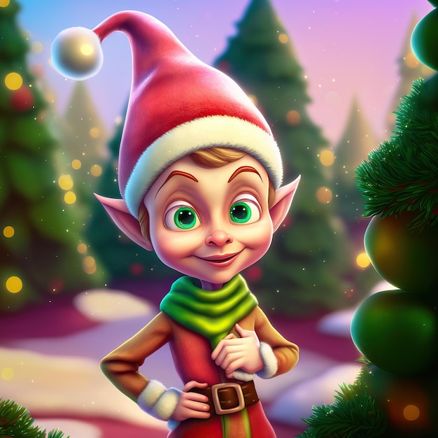 Foto un elfo adorabile con regali di natale e sfondo di buon natale con alberi di pino