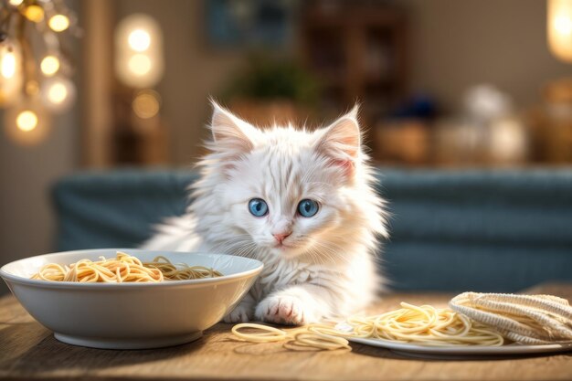 Adorable Encounter Turkish Angora Kitten Indulging in a Plate of Spaghetti