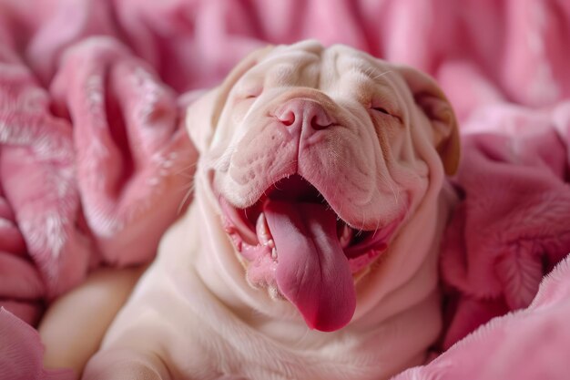 Adorable English Bulldog Puppy with Yawning Expression Wrapped in Soft Pink Fabric Texture