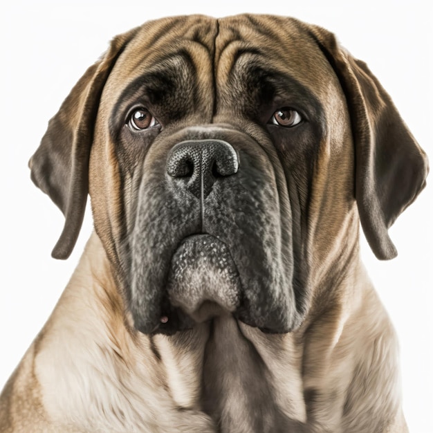 Adorable English mastiff dog portrait isolated on white background as concept of domestic pet in ravishing hyper realistic by Generative AI