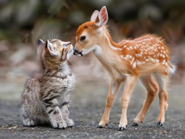 Foto un adorabile fauno e un gattino si toccano il naso in una commovente dimostrazione di amicizia tra persone diverse