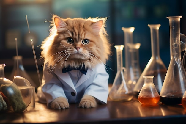 可愛い猫の科学者が人工知能研究室で研究を行っています