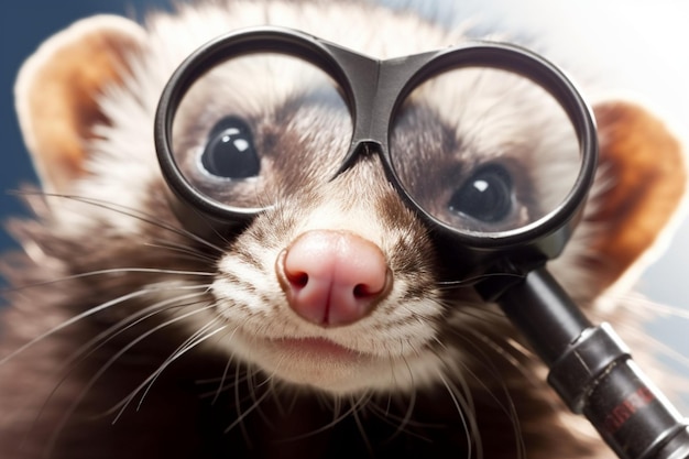 Foto un adorabile furetto con occhiali da aviatore che fa capolino attraverso una lente d'ingrandimento