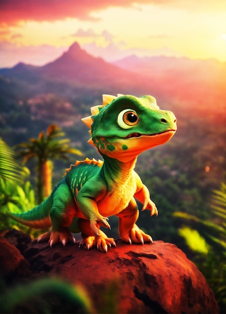 Photo an adorable and fluffy baby fantasy dinosaur with big color eyes and big and huge earsbig and huge