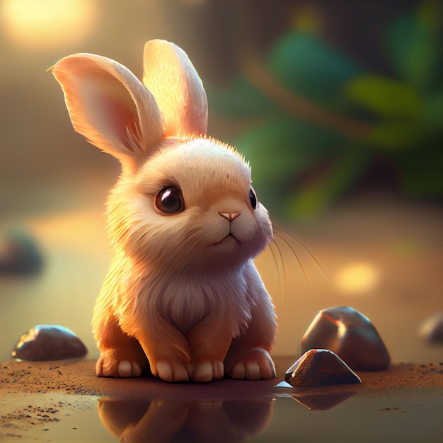 Adorable Fluffy Bunny Rabbit in Forest Background Illustration