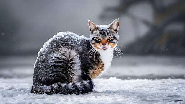 очаровательная пушистая кошка, брошенная на снегу