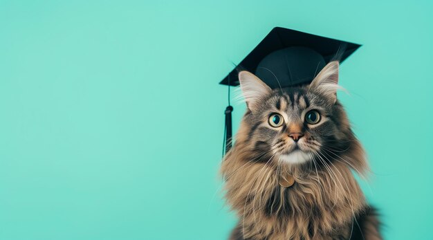 Прекрасная пушистая кошка в выпускной шапке на пастельном фоне