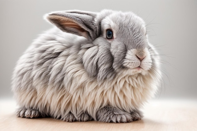 Adorable fluffy gray rabbit with whiskers in a studio setting