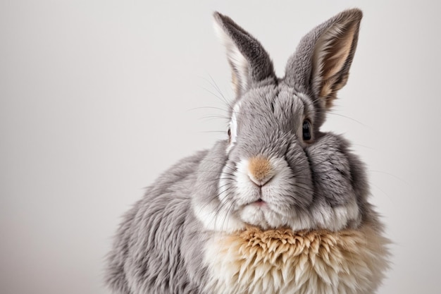 Adorable fluffy gray rabbit with whiskers in a studio setting