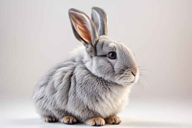 Adorable fluffy gray rabbit with whiskers in a studio setting