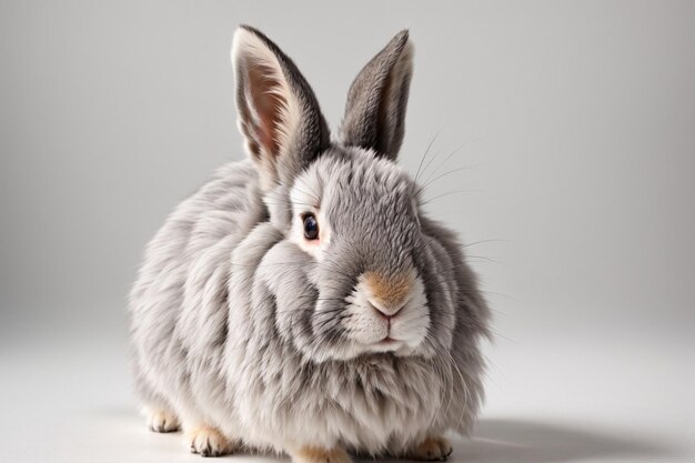 Adorable fluffy gray rabbit with whiskers in a studio setting