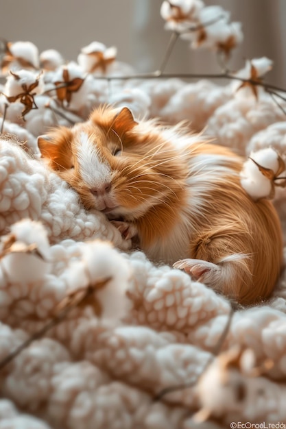 Adorable Fluffy Guinea Pig Nestled Among Soft Cotton Branches on a Cozy Bed Cute Pet Photography