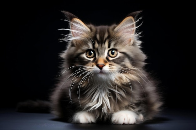 Adorable Fluffy Kitten on a Black Background with Playful Eyes Generative AI