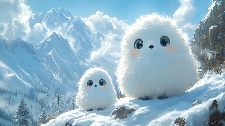 Photo adorable fluffy owl in snowy mountain landscape
