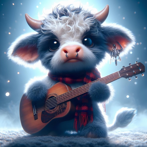 Photo adorable fluffy rocker cow with guitar