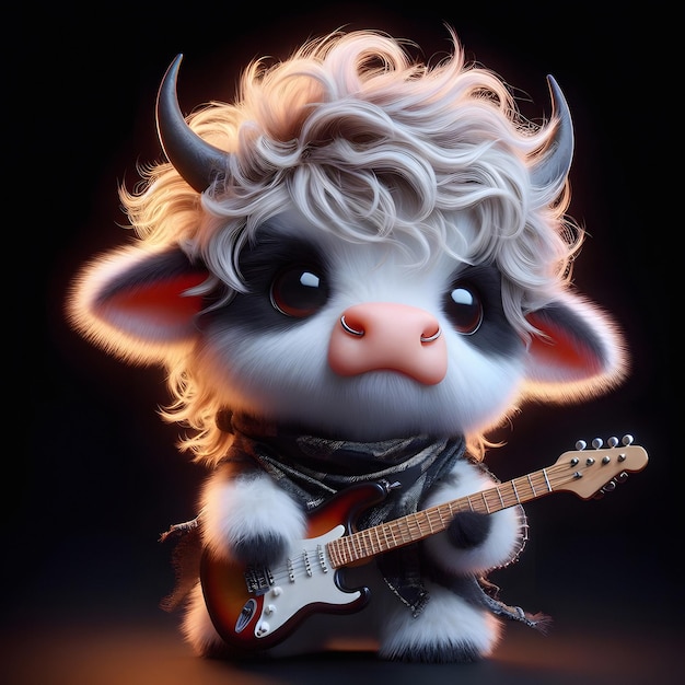 Adorable Fluffy Rocker Cow with Guitar