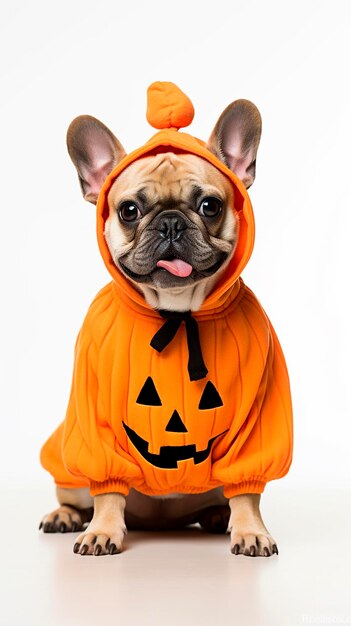 Photo adorable french bulldog in halloween costume with evil pumpkins