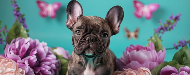 Adorable French Bulldog Puppy Surrounded by Purple and Teal Peony Flowers with Butterflies Fluttering in the Background
