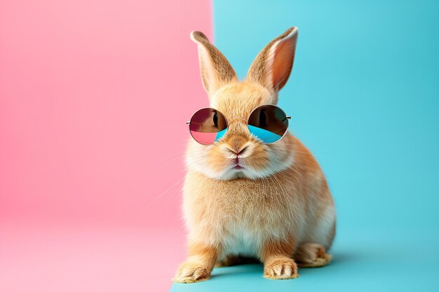 Adorable funny bunny with sunglasses on a colored background Generative Ai