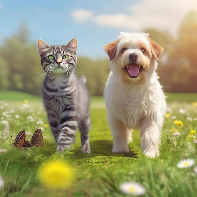 Adorable Furry Friends Striped Cat and Cheerful Dog Enjoying Playtime