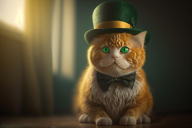 Adorable ginger cat in a green top hat and bow tie celebrate St Patrick's Day