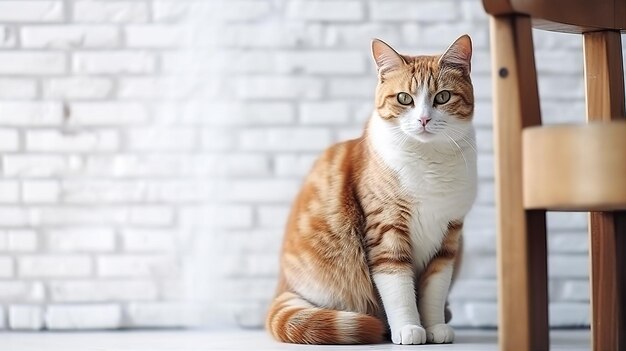 空の白い背景の上に立つ愛らしい生姜猫