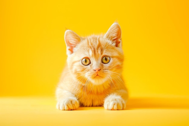 Foto adorabile gattino ginger con occhi grandi che posa su uno sfondo giallo brillante carino ritratto felino pet