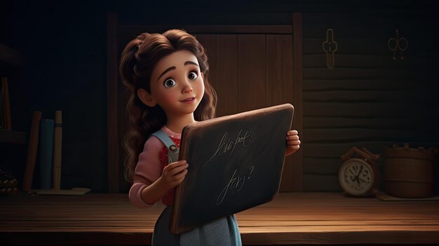 Adorable girl pointing at blackboard