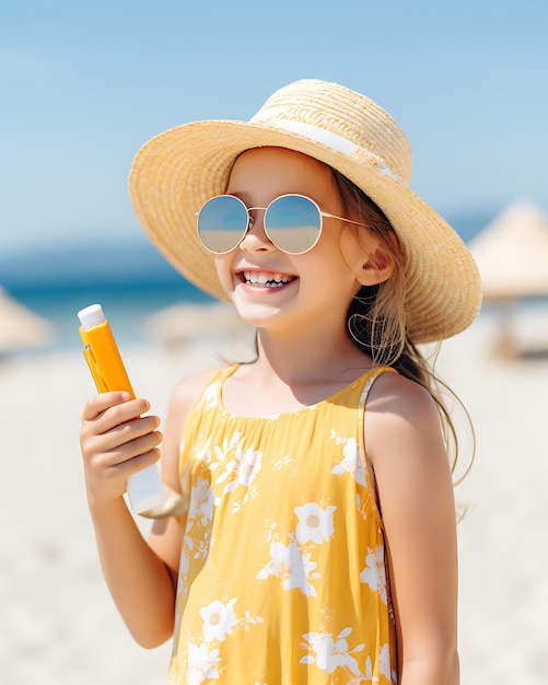 Adorable girl sprays protective cream on her face on a hot day