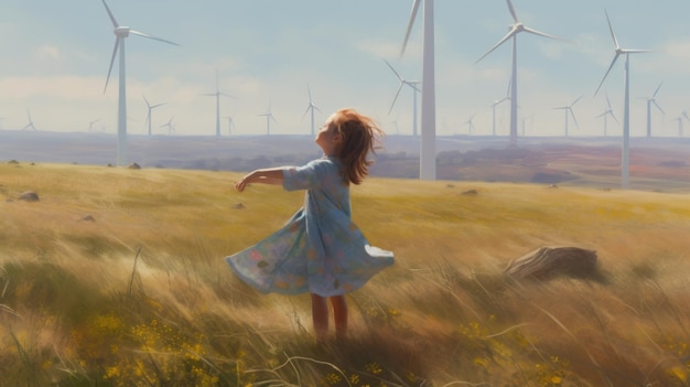 풍력 터빈 필드에 서 있는 사랑스러운 소녀 녹색 대체 에너지 생성 AI