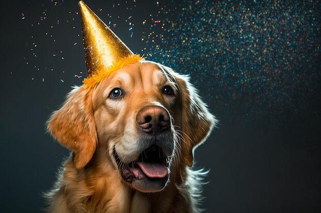 紙吹雪でお祭りの背景に誕生日の帽子をかぶっている愛らしいゴールドレトリーバー犬