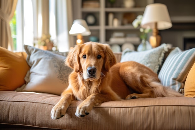 An adorable Golden Retriever dog is sitting on a sofa in a living room