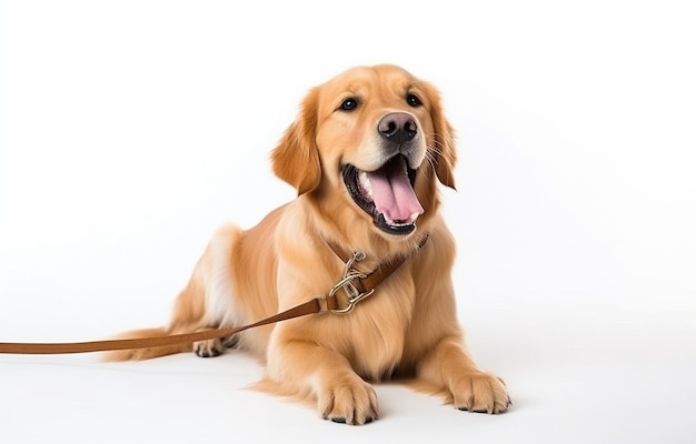 Photo adorable golden retriever dog with leash on white background