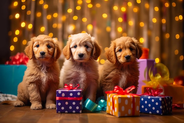 Adorable Golden Retriever puppies with Christmas gifts and lights on background