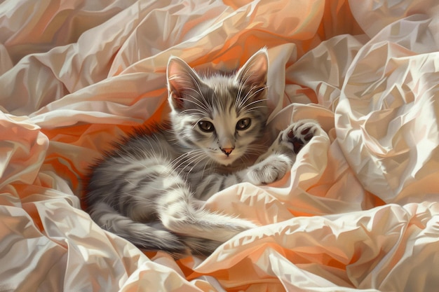 Photo adorable gray tabby kitten lounging on cozy sunlit peach colored bed sheets cute domestic cat