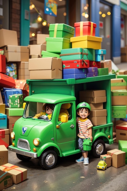 사랑스러운 녹색 장난감 배달 트럭과 다채로운 상자 더미