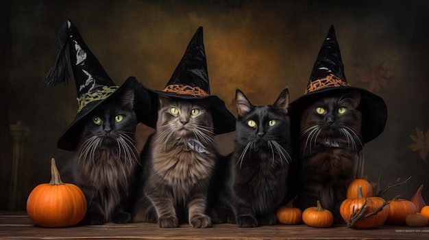 사진 마녀 모자를 입은 사랑스러운 고양이 그룹 기발한 할로윈 애완동물