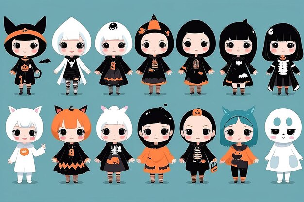 Photo adorable halloween kawaii characters in spooky costumes