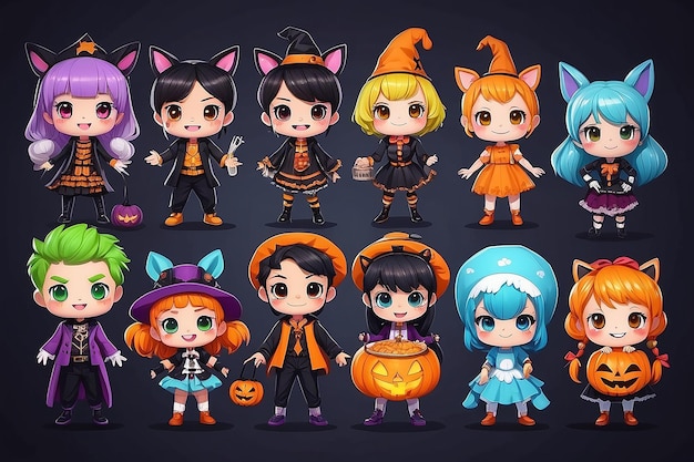 Photo adorable halloween kawaii characters in spooky costumes